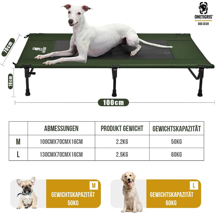 OneTigris лежанка для собак на відкритий простір, піднята лежанка 130x70 см, висота 21 см, швидке встановлення, стабільна, зручна та дихаюча. Лежанка для домашніх тварин для кемпінгу, котяче ліжко - (L, Зелений)