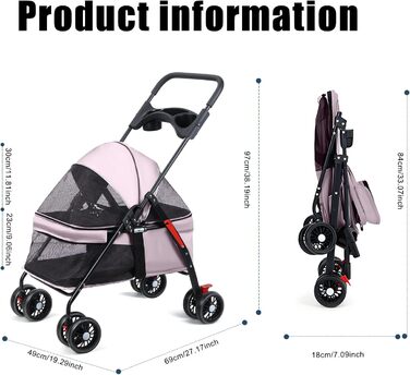 Дитяча коляска для домашніх тварин: маленькі собаки та коти, складана переноска з поворотними колесами 360°, подвійна засувка, регульований капюшон 180°, зручна сітка (рожева)