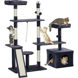 Кігтеточка PawHut для котів, 134 см, кігтеточний комплекс з платформами, іграшками та сизалевими стовпчиками, темно-сірий