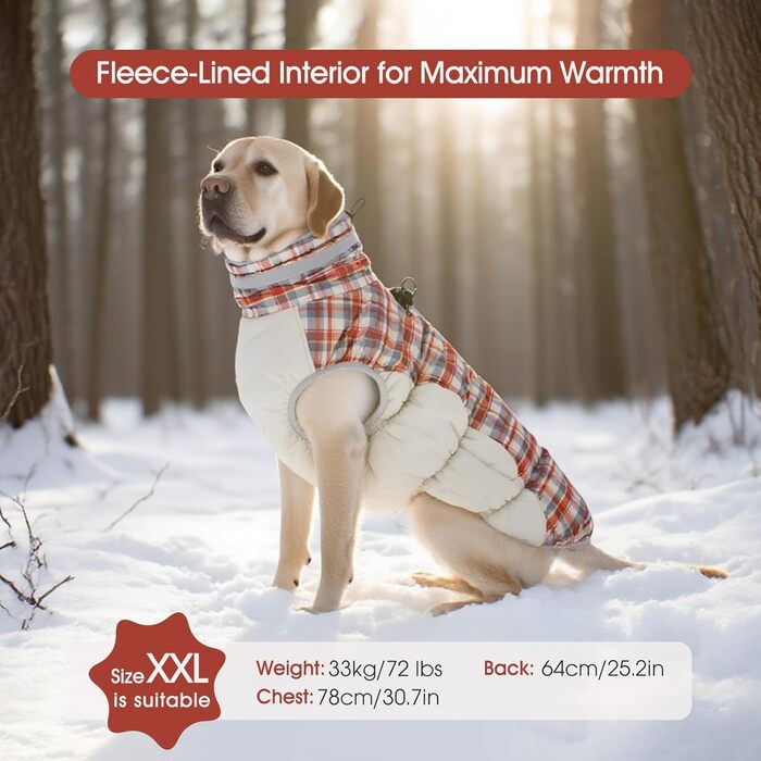 Зимовий одяг для собак FUAMEY – тепла куртка для собак з блискавкою, інтегрований поводок, м'яка підкладка, водонепроникна, світловідбиваюча – рожевий леопард, S, M, L (XX-Large(обхват грудей: 35 дюймів), червоний клітка)