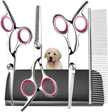 Набір професійних ножиць для собак, 4 в 1: ножиці з круглим носиком, ножиці для фінішування, прямі та вигнуті ножиці, гребінець для грумінгу, з нержавіючої сталі, для собак та котів (рожеві)