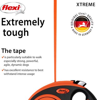 Рулетка для собак Flexi Xtreme L - міцна, 7.9 м, посилене гумове обплетення, світловідбиваючі елементи, регульована ручка, оранжево-чорний, Large