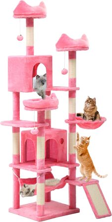 Кігтеточка YITAHOME для котів, велика, 190 см, з 8 стовпів з сизалю, 3 платформи, 2 печери, кошик, гамак, м'ячики, дошка для шліфування кігтів, рожева