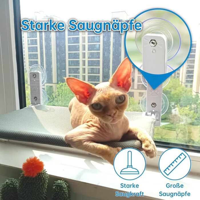 Кішка ліжко на вікно BnbnPup Fensteriege – гамак для котів з міцними присосками до 18 кг, знімний та перевертаний чохол, Fatbar & Stabi (Сірий, L)