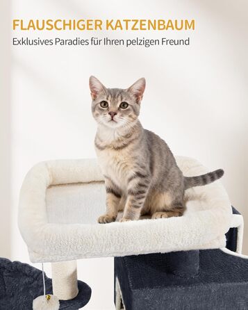 Дерево для котів Hzuaneri, 75 см, зі стійкою конструкцією, великою лежанкою, котячою печеркою, сизалевими стовпчиками, кошиком та іграшками, сірий колір