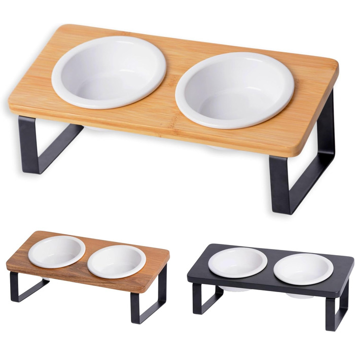 Підвищена годівниця для котів, ергономічна керамічна годівниця з дерева та бамбука, для котів та маленьких собак