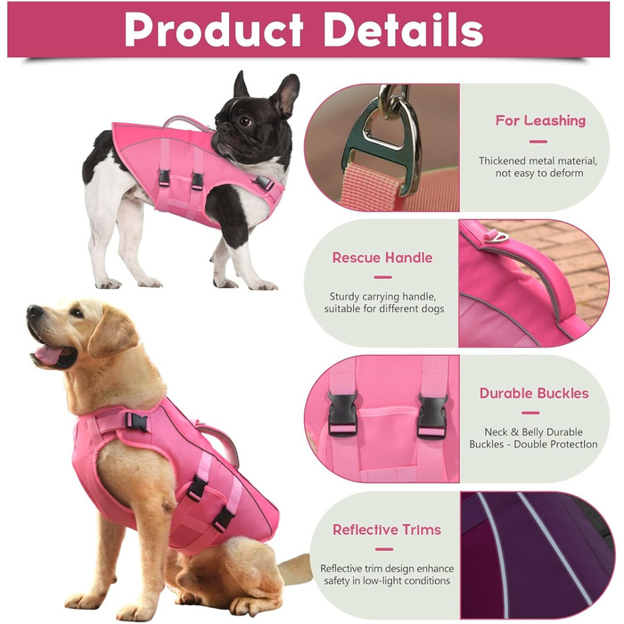 Жилет для плавання собак великий, безпечний жилет для собак, для плавання та катання на човнах, світловідбиваючий жилет для цуценят з надзвичайною плавучістю та ручкою для рятування, регульований, рожевий