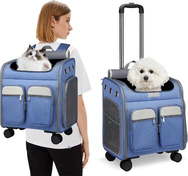 PETCUTE Рюкзак-переноска для котів та собак з візком 2 в 1 до 11 кг, складаний, з підкладкою, багатофункціональний, дихаючий, для подорожей (Блакитний)