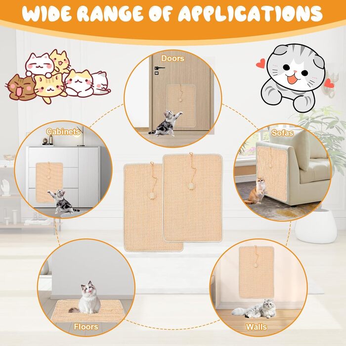 Килимок для дряпання котів, 2 шт., 60 x 40 см, сизаль, з дзвіночком, захист від подряпин