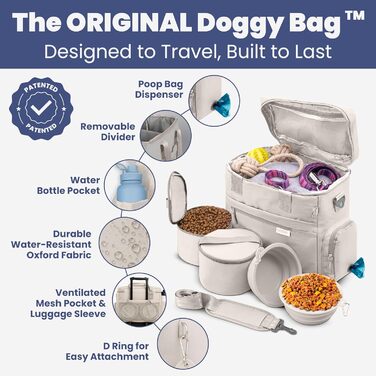 Rubyloo Оригінальна сумка для собак Doggy Bag™ - дорожня сумка для собак, подарунок для власників собак. Комплект з 2 годівниць та 2 контейнерів для їжі. Набір для подорожей з домашніми тваринами (авто, кемпінг)