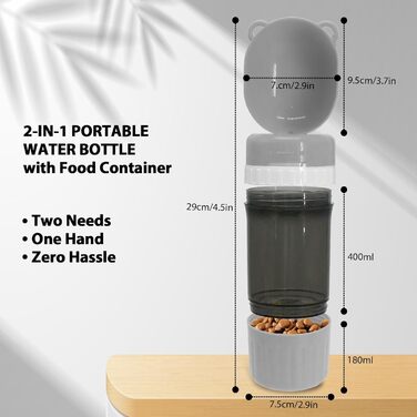 PawSailor 2-в-1 Поїлка та Контейнер для Корму для Тварин - 4 літри води + 500 г корму, Безвитікаюча Подорожня Поїлка-Миска для Собак, для Прогулянок, Походів, кемпінгу, Сіра