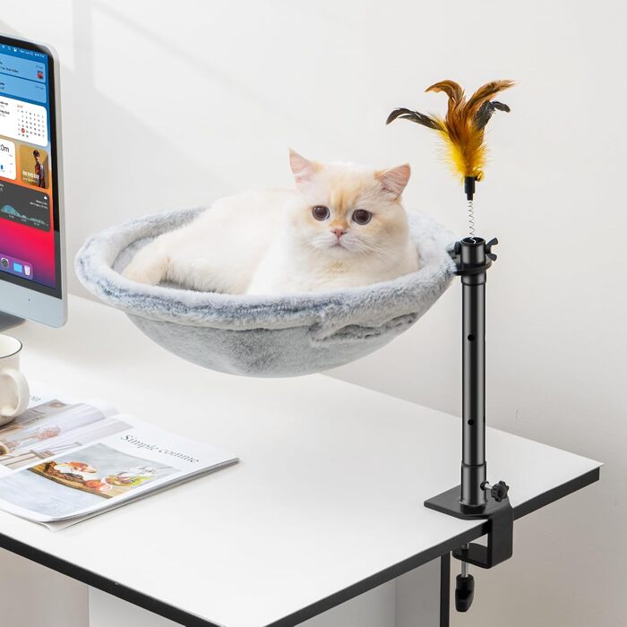 Крісло-гамак для кота Uross на стіл - 360° обертання та регулювання висоти, м'яке, з 2 знімними чохлами, для дому та офісу, цілорічне використання (одношарове, сіре)