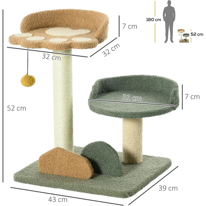 Котячий будиночок PawHut: невеликий когтетоп з 2 рівнями, м'ячик, сизаль, до 5 кг