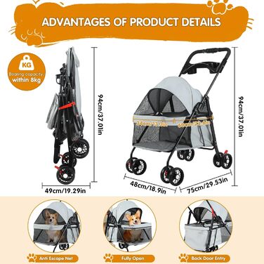 Дитяча та тваринна коляска 4-Rad, сіра. Легка коляска для собак та котів з дихаючим мережем, поворотні колеса на 360°, для прогулянок та подорожей на відкритому повітрі