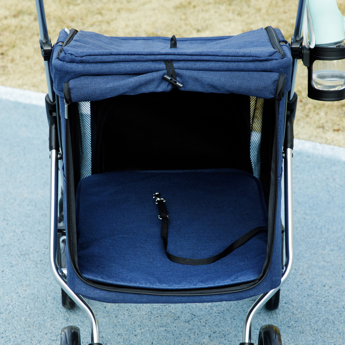 PawHut Коляска для собак Light Dog Buggy з алюмінію Складна для собак і кішок до 10 кг Cat Buggy з подушками Сітчасті вікна Двері Кошик для зберігання Котяча коляска Баггі Dark Blue | Аосом