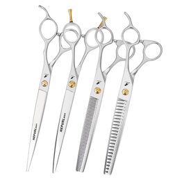 Професійний набір ножиць для грумінгу домашніх тварин, 19,1 см, для собак, прямі та зігнуті ножиці, фінішна ножиця, VG10 сталь (4 шт.)