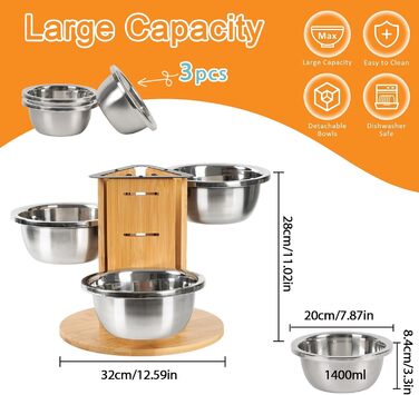 Підвищений годівниця для великих собак, регульована висота, 3 миски з нержавіючої сталі 1400 мл, годівниця-станція на 3 сторони, підставка для собак з дерева та срібла