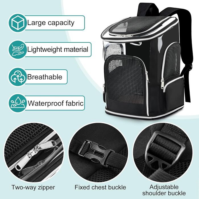 Рюкзак для тварин: переноска для собак та котів, до 9 кг, з сіткою та мискою, чорний