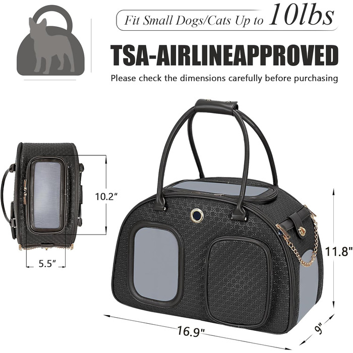Сучасна розкішна переноска для собак, вентильована переноска для домашніх тварин, м'які стінки, для цуценят, маленьких тварин з кишенею, чорна, 42.9 x 22.9 x 30 см, 16.9 x 9 x 11.8 дюймів