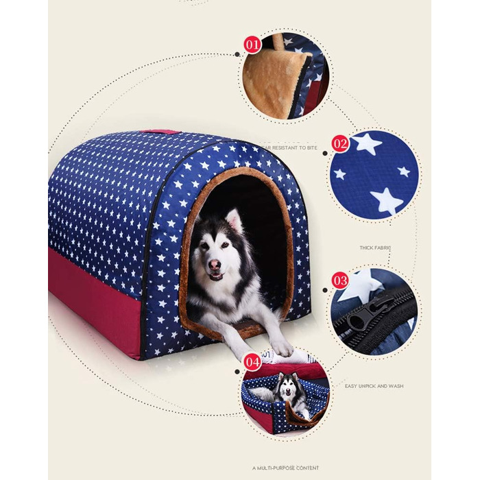 Портативне складане ліжко для собак та котів HONGBI, 2 в 1: будиночок та диван, блакитний колір з білим зірками, розмір 2XL