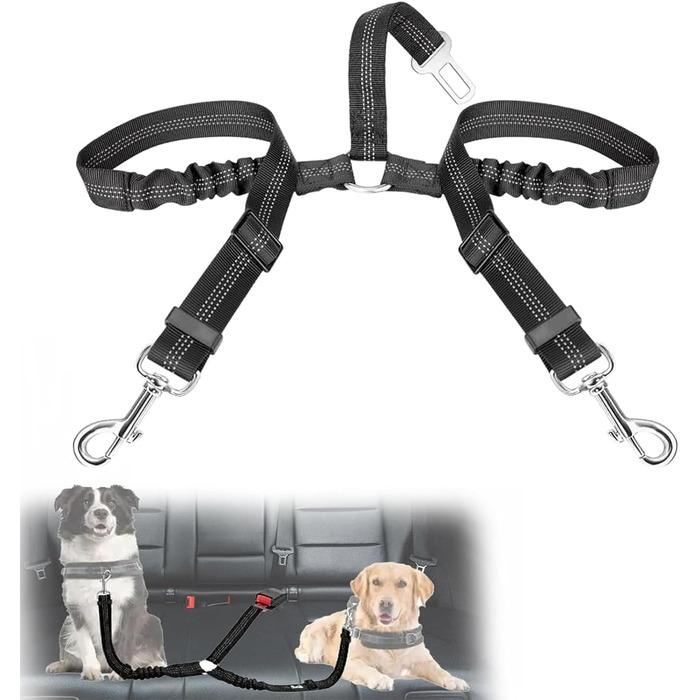 Авторемень для собак у машину, еластичний двосторонній, регульований (чорний)