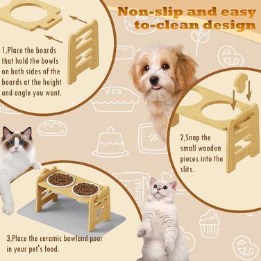 Підвищена годівниця для собак з підставкою, регульована висота, годівниця для маленьких собак та котів, міцна годівниця з бамбука з 2 керамічними мисками та килимком для тварин