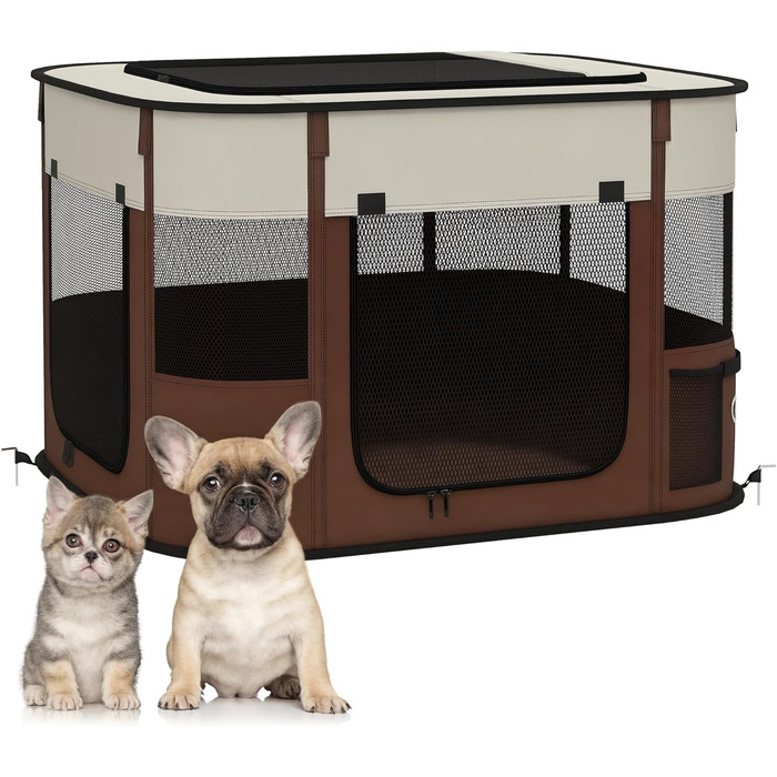 PawHut Вольєр для собак, переносна клітка-вольєр для домашніх тварин, складаний вольєр для собак та котів з сумкою для зберігання, 114 x 89 x 59 см, (Колір: Коричневий, Розмір: S)