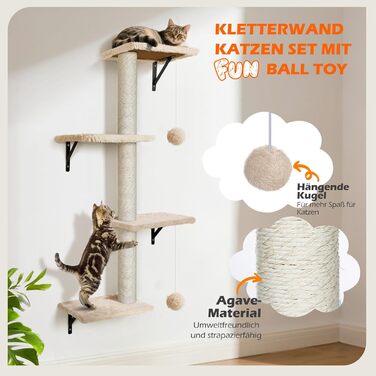 Кігтеточка-стіна для котів Eukue, комплект 10 елементів, великі настінні елементи з котячим будиночком, мостом та сизалевими стовпчиками, до 10 кг, бежевий колір