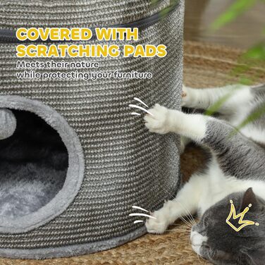 Кігтеточка Pawhut для котів, модульна, з блискавкою, розбірна, 3 яруси, 2 м'ячики, хованка, висота 69 см, сіра