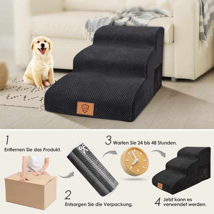 Сходинка для собак Myiosus – 3 ступені, для малих собак, з високощільним губчатим матеріалом, портативна, знімний та миючий чохол, антиковзаюча, чорна