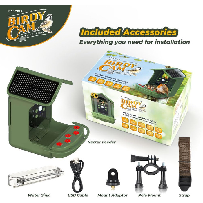 Пташина годівниця з камерою EASYPIX BirdyCam, сонячна енергія, автоматичне HD-відео та фото, кормушка для саду