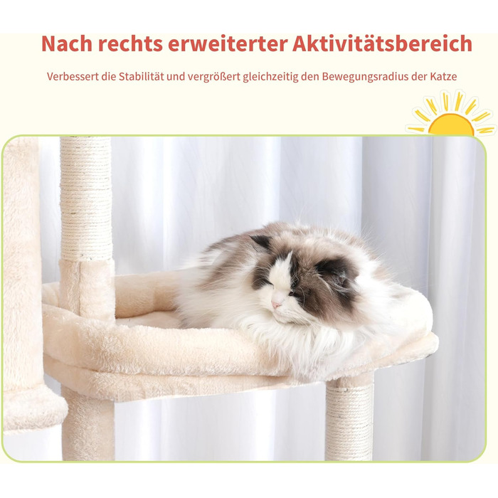 Котячий будиночок Hey-brother XXL для великих котів, 180 см, стабільний, з 3 платформами, 3 печерами та 2 котячими будиночками (Бежевий)