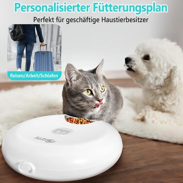 Автоматична годівниця для котів Ownpets, для вологого та сухого корму, із нержавіючими мисками, на 6 порцій, з 2 охолоджуючими елементами, захист лап, біла