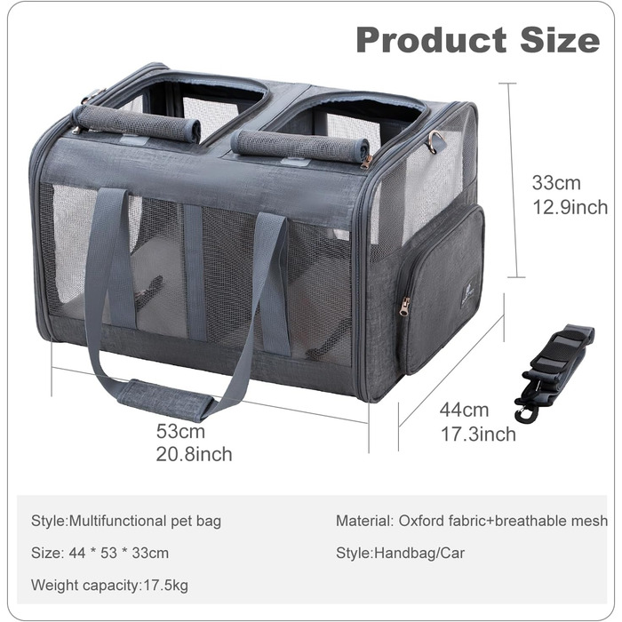 Транспортна сумка PETCUTE для котів середніх розмірів та маленьких собак до 17.5 кг, складана переноска з плечовим ременем та внутрішнім страхувальним шнуром, переноска для котів для подорожей, схвалена авіакомпаніями, темно-сіра