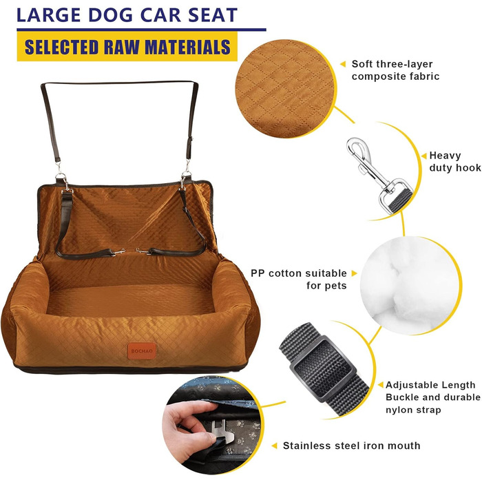 Автокрісло для собак великих та середніх порід, подорожі, комфорт та безпека, багатофункціональне – трансформується у лежак для собак (XL, сірий/коричневий)