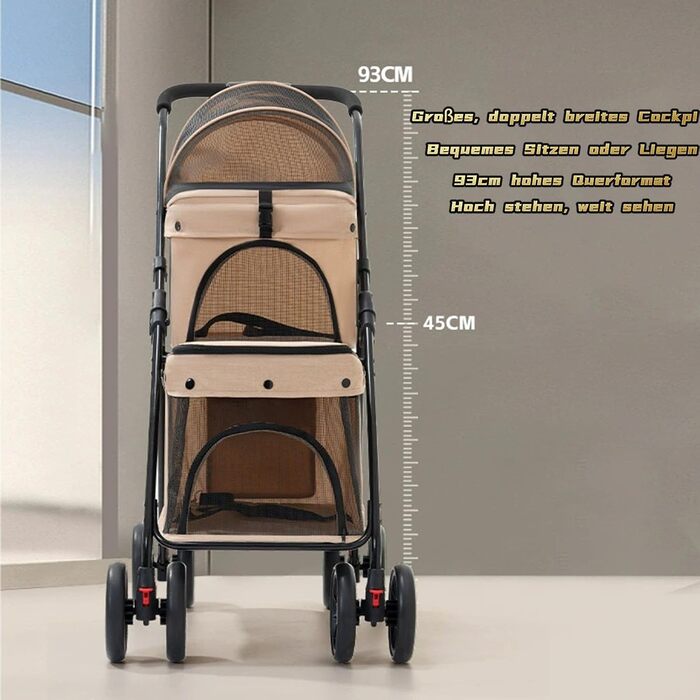 Складаний візок для собак на 2 яруси, переноска для домашніх тварин до 24 кг, візок для собак з сітчастими віконцями, ремінь безпеки, 4 колеса, складаний візок для котів та маленьких собак (колір: коричневий)