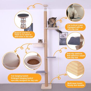 Кліматичний комплекс для котів 4-ярусний з аксесуарами, регульована висота (152,4–289,6 см), плюшеві стійки та великий гамак