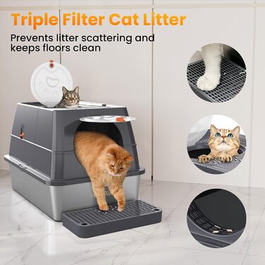 Котячий туалет HAPAW з нержавіючої сталі з кришкою, велика закрита туалетна коробка для котів, 135° відкидний верх, з лопаткою та фільтром, герметична та без запаху