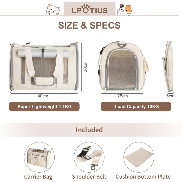 Транспортна сумка для котів та собак, дихаюча та складана переноска з регульованим плечовим ременем (Бежева)
