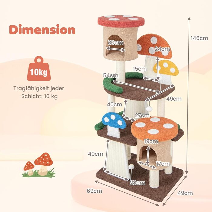 Кігтеточка для котів COSTWAY у формі гриба з будиночком, котячий будиночок з сизалевим ковзанням та іграшкою, дерев'яна кігтеточка для котів (69x49x146 см, кольорова)