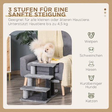 PawHut Cat Stairs Pet Stairs Сходи для собак 3 сходинки з іграшковим м'ячем Плюш сірий 45x40x48см для котів та собак