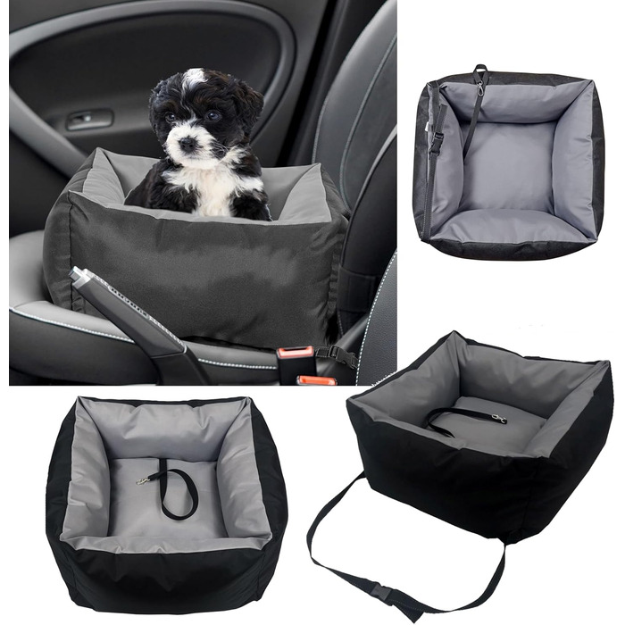 KING DOG Автокрісло для собак до 8 кг. Транспортна переноска для автомобіля з кріпленням на ремінь безпеки та м'яким килимком. Складається, легко миється. Підходить для SUV та легкових автомобілів (55 x 55 см, чорно-сірий)