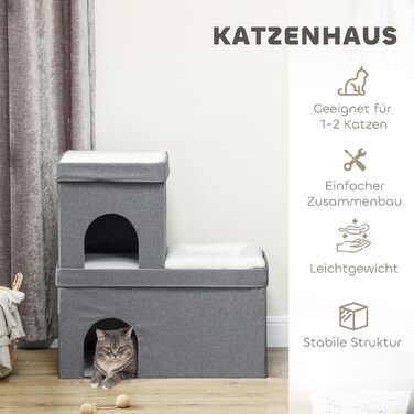 Будиночок для котів PawHut з 3 рівнями, котяча хатка з лежаком і подушкою, для котів і собак до 5 кг, 74x37,5x78,5 см, сірий