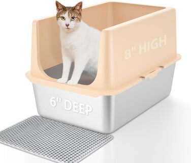 LIHOOOOM туалет для котів XXL з нержавіючої сталі з кришкою, велика котяча туалетна коробка 35,5 см, високий бортик, відкрита, з абрикосовою кришкою, легке очищення