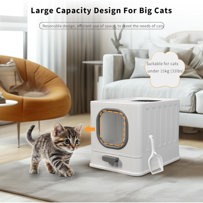 BingoPaw закрита котяча туалетна коробка XXL, з кришкою, великим входом, без запаху і розсипу наповнювача, складна, з совком