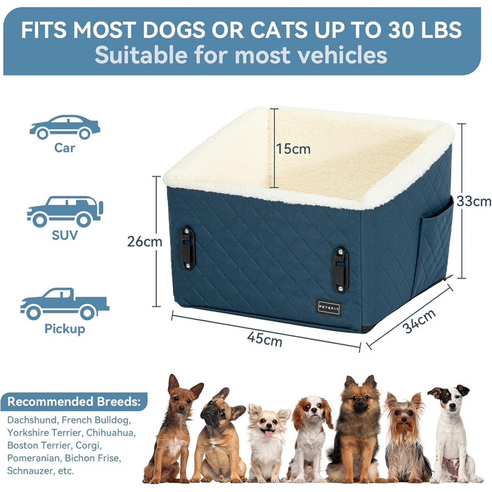 Автомобільний лежак для собак PETFIT, 12.5 см, блакитний, до 12 кг, з підкладкою