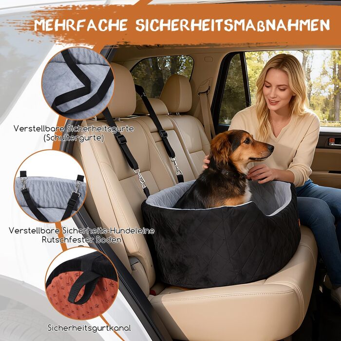 Автокрісло для собак середніх порід до 22,7 кг, 80x50x28 см, чорне. З безпечним ременем, товстим килимком, антиковзким дном, миється, переносна авто-підстилка для собак