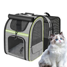 Рюкзак для котів та маленьких собак | Транспортна сумка для домашніх тварин, дихаюча, розкладна, для подорожей, прогулянок, сірого кольору з зеленими вставками