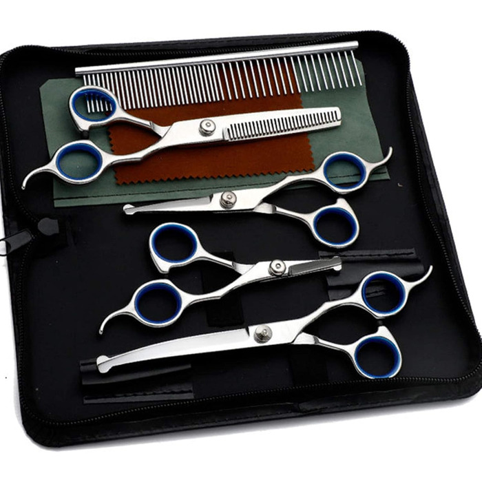 Набір професійних ножиць для собак з безпечними округлими кінчиками, нержавіюча сталь. Ножиці для грумінгу та догляду за шерстю собак та котів. Синій колір.