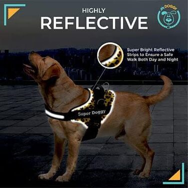 Індивідуальна шлея для собак SUPER DOGGY, рефлективна, з 2 іменними бірками, для малих, середніх та великих порід (леопард, XL, 30-45 кг)